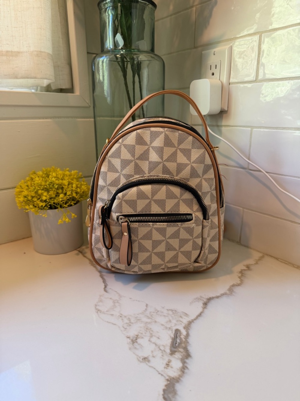Beige Geometric Mini Backpack Handbag